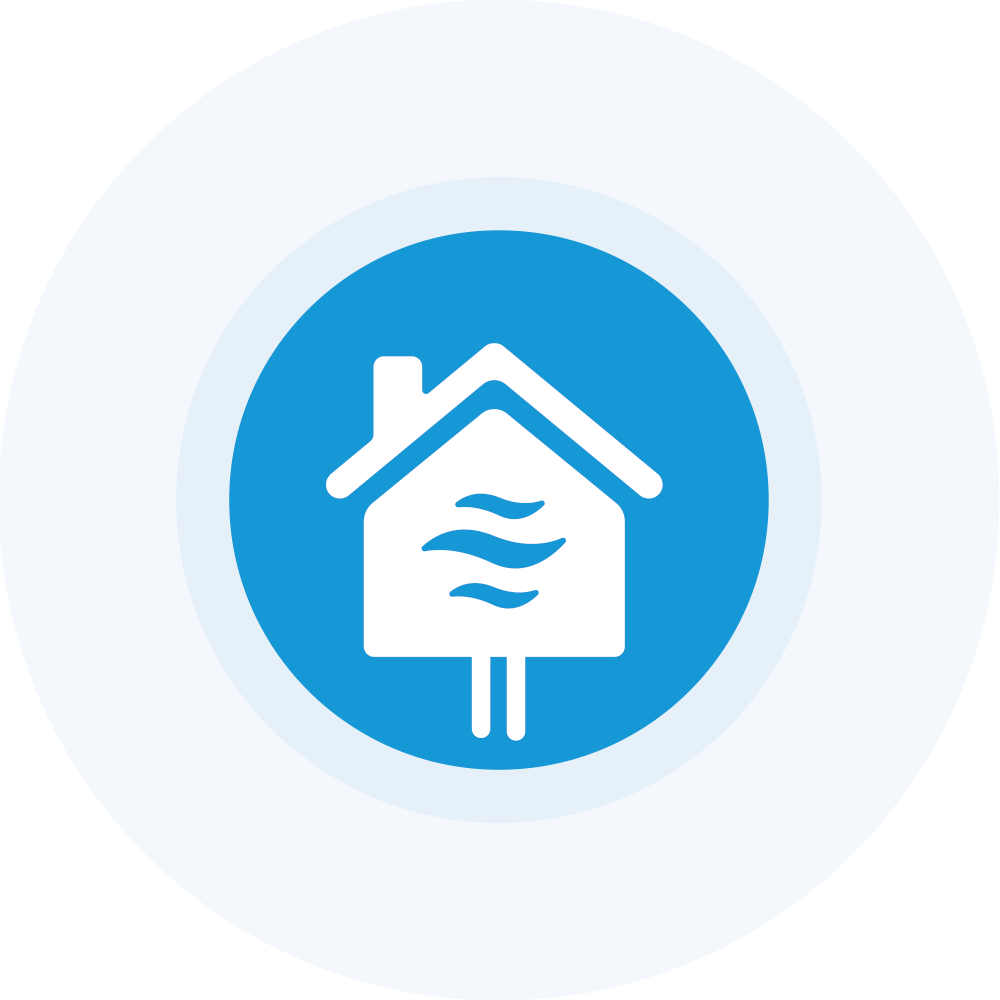 Ein Haus mit einem Wellen-Symbol auf blauem Hintergrund.