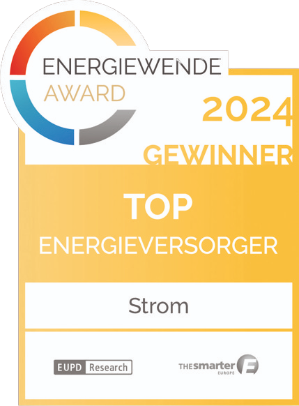 Energiewende Award 2024 Gewinner Top Energieversorger Strom mit Logos von EUPD Research und The Smarter E Europe