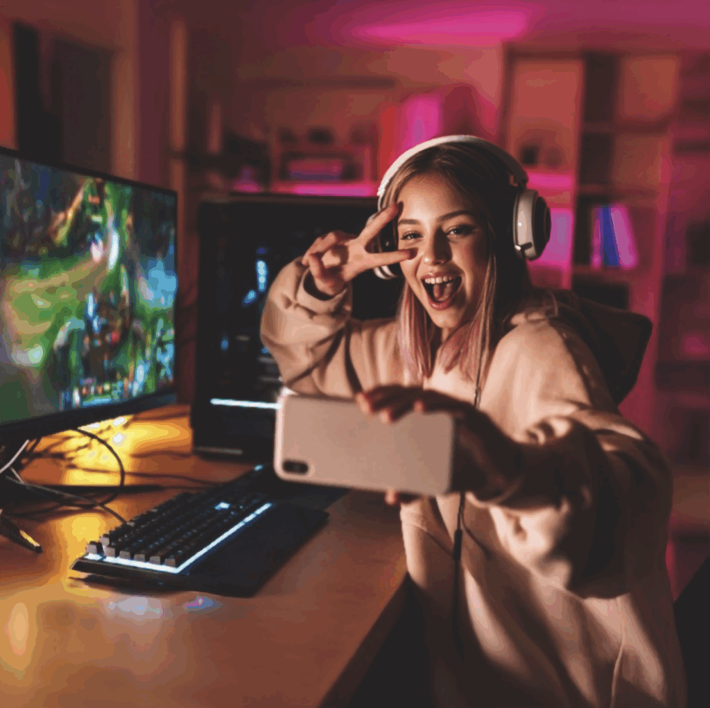 Person mit Kopfhörern macht ein Peace-Zeichen und hält ein Smartphone vor einem Computer mit Gaming-Tastatur