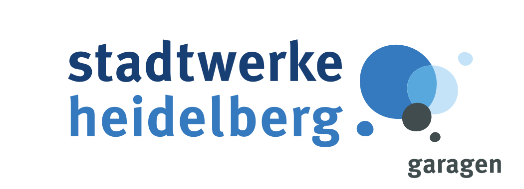 Logo der Stadtwerke Heidelberg mit dem Schriftzug 'stadtwerke heidelberg' mit sechs blauen und zwei grauen Kreisen rechts, darunter das Wort 'garagen' in Grau