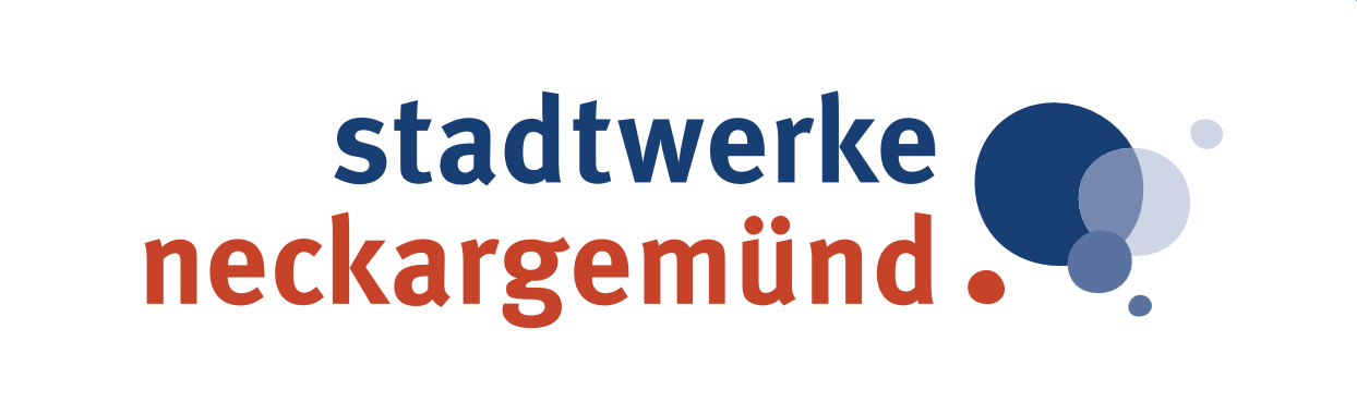 Logo der Stadtwerke Neckargemünd mit dem Schriftzug 'stadtwerke' in Blau und 'neckargemünd' in Rot, begleitet von sechs Kreisen auf der rechten Seite in verschiedenen Blautönen und einem roten Kreis.